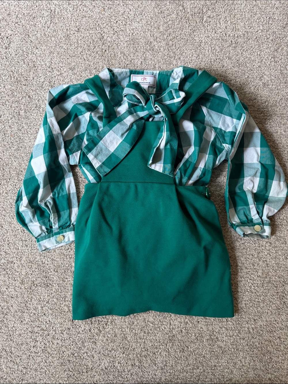 CPC Classic Prep Childrenswear Green Gingham Tie-Neck Top + Jumper Set